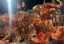 Unidos da Ponte personifica Oyá, a rainha do dendê, representada pelos sagrados ventos no carro abre-alas