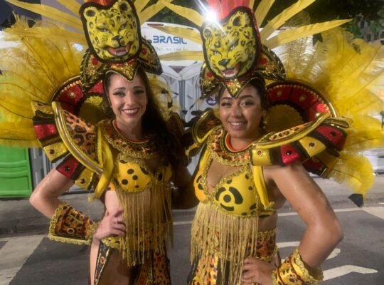 Ala “A Fera que o Invasor Temia”, da Vigário Geral, traz a garra e o protagonismo da onça para os passistas 1 As passistas Anahi e Alicia francesas